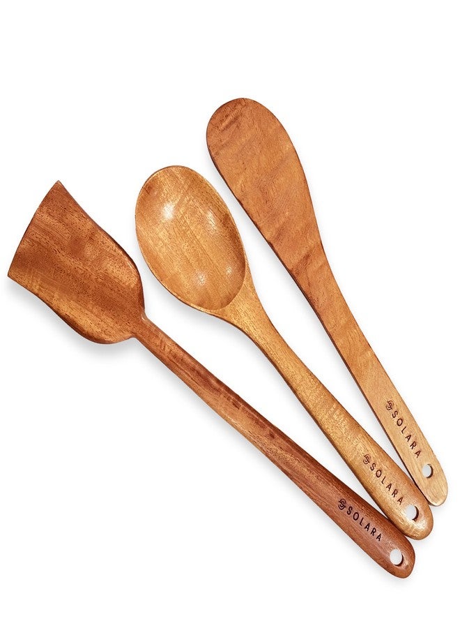 SOLARA Neem Wooden Spatula Set of 3, Wooden Ladle, Skimmer, Dosa Spatula Kitchen Tools, Naturally Antibacterial Eco-Friendly & Non-Toxic Ideal for Non-Stick Cookware - Image 1